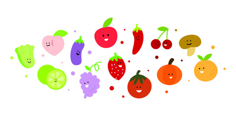 a cute pattern of kawaii fruit and vegetable illustrations. set of objects arranged for background pattern or wallpaper for a playful theme design.