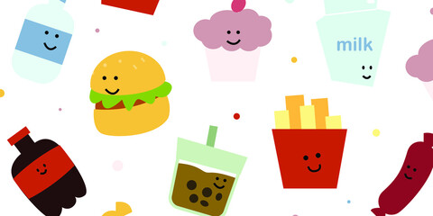 a cute pattern of kawaii food and beverage illustrations. set of objects arranged for background pattern or wallpaper for a playful theme design.