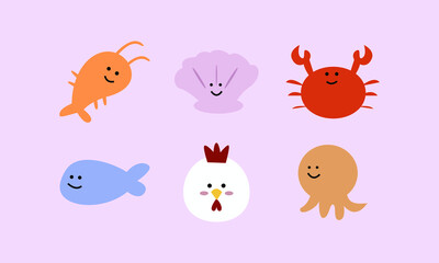 set of animal illustrations in a cute design. kawaii illustrations with various happy expressions. funny objects for element design decorations.