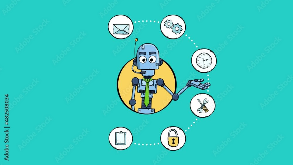 Poster 4k animation of talking customer service ai bot avatar, with office icons around him. animation is i