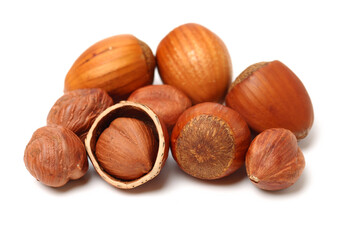 Hazelnuts on a white background