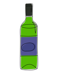 Green glass bottle with wine in doodle style isolated on a white background. Vector illustration.