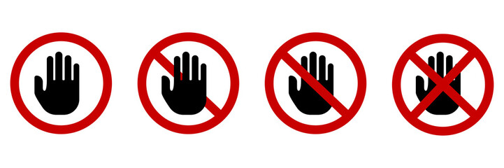 No hand icons. Red circle. Prohibited information sign. Stop touch. Outline symbol. Vector illustration. Stock image. 