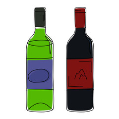 Vector illustration of a glass wine bottles in doodle style isolated on a white background. 
