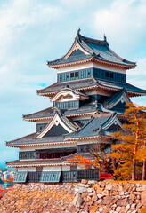 Vertical View of Matsumoto castle with blue skies in Japan