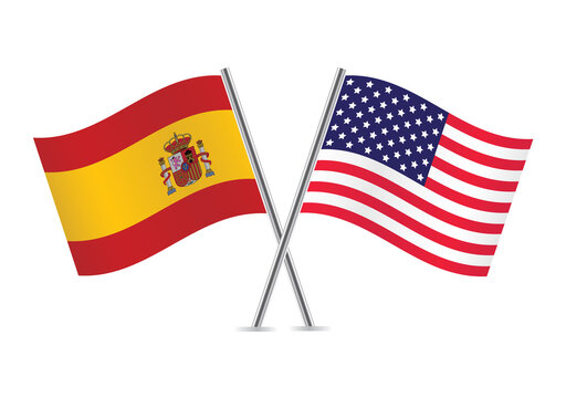 Spain and America flags. Spanish and American flags, isolated on white background. Vector illustration.