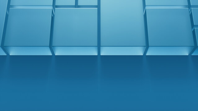 Frosted Glass Shapes on a Blue Surface. Innovative Tech Concept with space for copy. 3D Render.