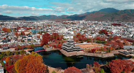 Alternate Aerial Drone View of Matsumoto Castle surrounded city in Japan