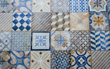 Old blue ceramic tiles.