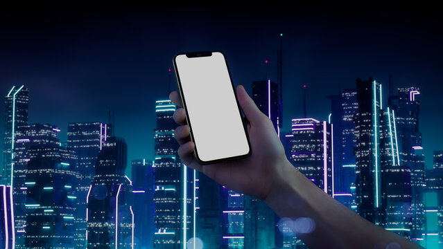 Cell Phone with Empty Display. Sci-fi Style Mockup with Purple and Cyan neon Metropolis Backdrop. 