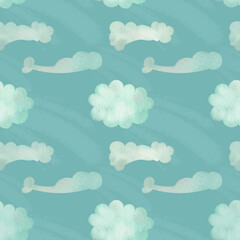 Watercolor seamless pattern with cute blue clouds on a grey blue background. Kawaii background with textured sky. Perfect for scrapbooking, fabric and textile, decoration and print