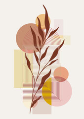Abstrakcyjna boho ilustracja w minimalistycznym stylu z geometrycznymi kształtami i botanicznymi elementami w neutralnych kolorach. Nowoczesny design do plakatów, okładek, dekoracji ściennych.