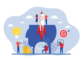  Business project startup process, idea through planning and strategy, team developers. a startup in the form of a rocket and management teamwork development. Vector illustration