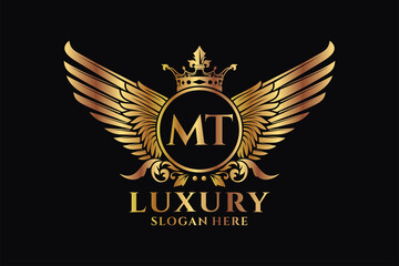 Luxury royal wing Letter MT crest Gold color Logo vector, Victory logo, crest logo, wing logo, vector logo template. - obrazy, fototapety, plakaty