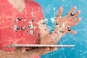 holding 3D rendering group of blue people