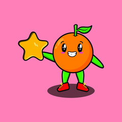 Cute cartoon mascot character orange mascot holding big golden star in cute modern style design for t-shirt, sticker, logo element