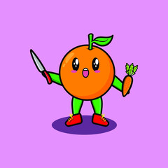 Cute cartoon mascot character orange holding knife and carrot in modern style design for t-shirt, sticker, logo element