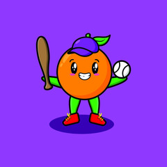 Cute cartoon mascot character orange playing baseball in modern style design for t-shirt, sticker, and logo elements