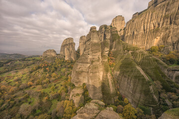 Dramatic autumn landscape of rock formations in Meteora, Greece