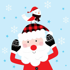 christmas card with santa claus and cute robin design