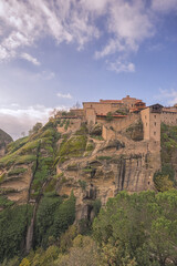 Fototapeta na wymiar View of the great Meteoron monastery with blue sky and clouds, Meteora Greece
