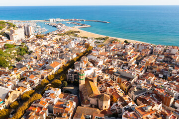 View over the town, the beach and the fishing harbor of Arenys de Mar. on the mediterranean coast...