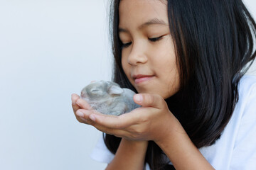 Newborn baby holland lop bunny in child hands. Asian girl holding tiny bunny in hand with...