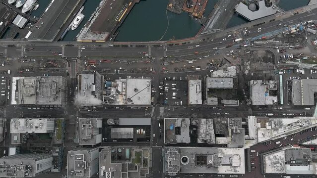 Top down aerial of Seattle's industrial district showing where boats come to offload their cargo.