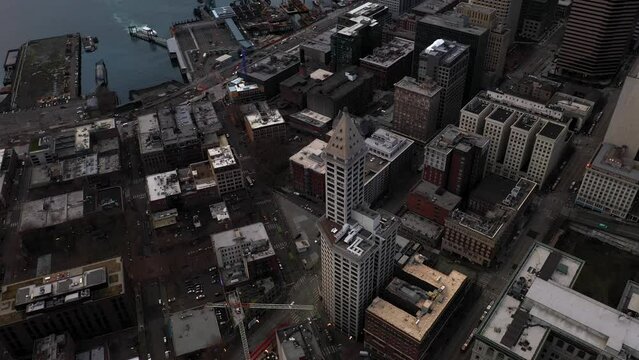 Aerial of Seattle's iconic Smith Tower and the surrounding Pioneer Square neighborhood.