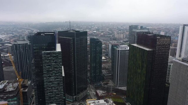 Drone shot of Amazon's many corporate offices in downtown Seattle.