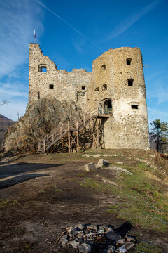 Ruins of medieval gothic castle Reviste. Revistske Podzamcie castle. Slovakia.