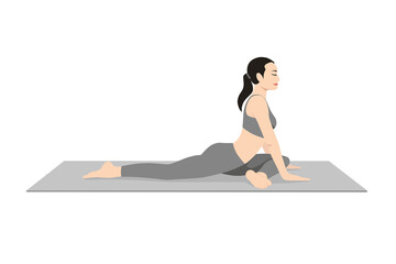 Half Pigeon Pose. Beautiful girl practice Ardha Kapotasana. Young attractive woman practicing yoga exercise. working out, black wearing sportswear, grey pants and top, indoor full length, calmness