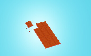Chocolate bar on a blue background, 3d render. Pieces of milk chocolate in the air.  Chocolate bar with a broken piece