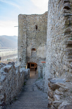 Ruins of medieval gothic castle Reviste. Revistske Podzamcie castle. Slovakia.