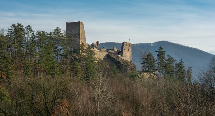 Ruins of medieval gothic castle Reviste. Revistske Podzamcie castle. Slovakia.