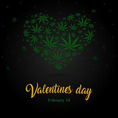 Heart symbol made from green marijuana leaves on a black background. The concept of love, recognition. Square banner, Happy Valentines Day