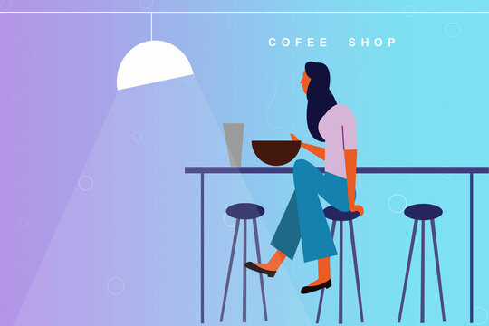2d illustration lady in coffee shop  
