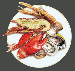Drawing original seafood, high calories, fresh, art.illustraion, vector