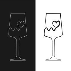 Continuous linear drawing of heart-shaped wine glasses inside the glass isolated image vector illustration