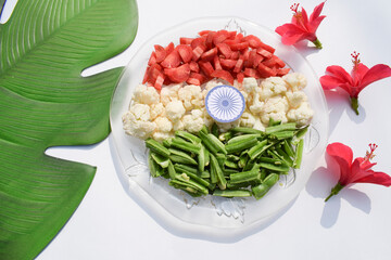 India Independence Day 15 August concept: Indian National Flag tricolour from vegetables. Top view....
