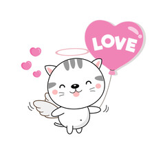 Cute cat cupid holding pink ballon.