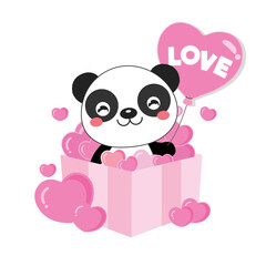 Cute panda holding pink ballon and sit in the gift box.