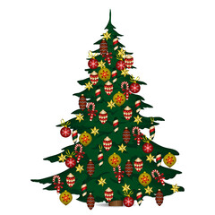 Christmas tree with numerous decorations on a white background. Vector illustration
