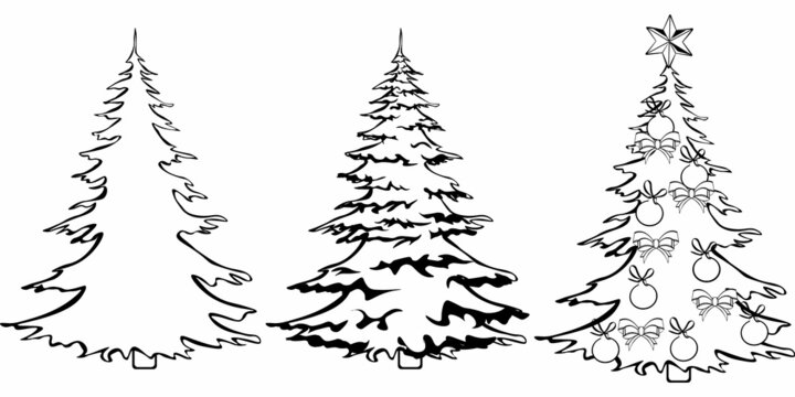 Black and white drawing of Christmas trees for coloring. Different Christmas trees for coloring. Vector illustration
