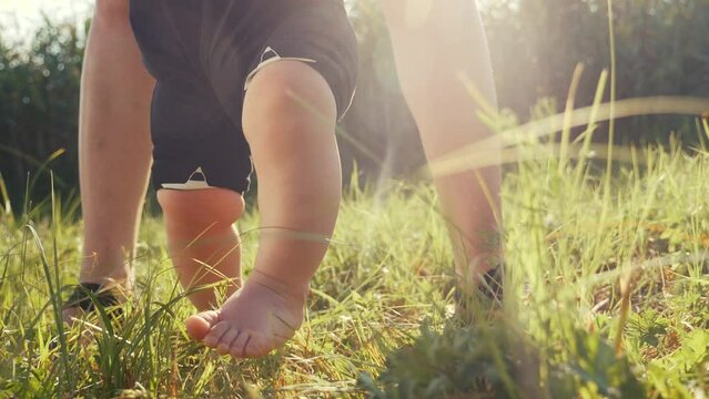 baby does first steps grass happy family. mom helps baby son take steps with lifestyle his feet. people in the park dream kid concept happy family childhood. child son walks barefoot on green grass
