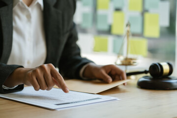 Justice and law concept. Lawyer businesswoman working on table office.