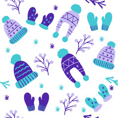 Seamless pattern with winter hats and mittens. Vector