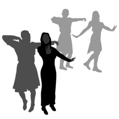 Vector silhouettes of two pairs of people dancing the lezginka dance. Two men and 2 young women