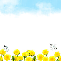 タンポポと青空、ちょうちょの背景　春の花のかわいい手描き水彩イラスト素材