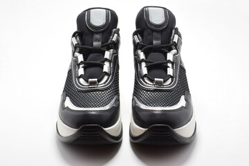 Zapatos deportivos negros y gris sobre un fondo blanco. Calzado para hacer ejercicio, entrenar o...